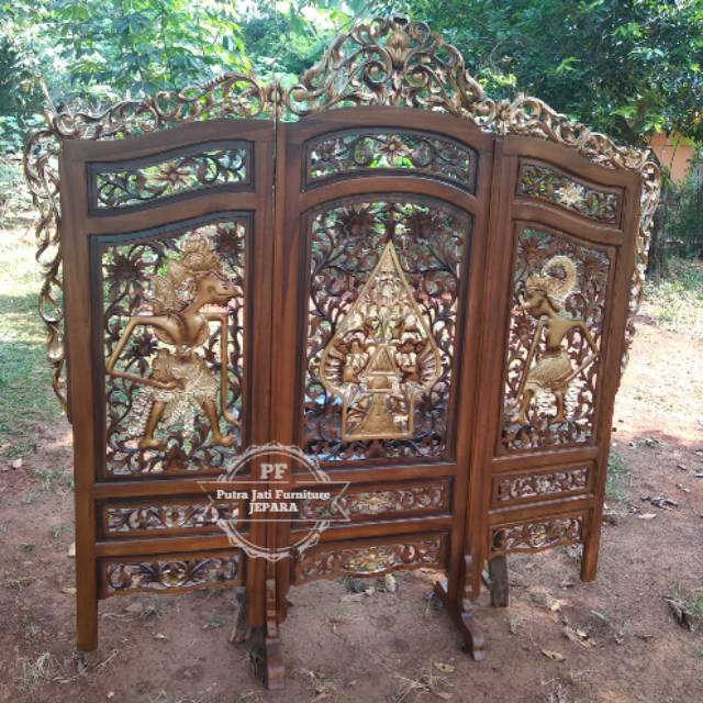 Sketsel Klasik Kayu Jati Ukir Motif Pewayangan, Sketsel Penyekat Ruangan Kayu Jati