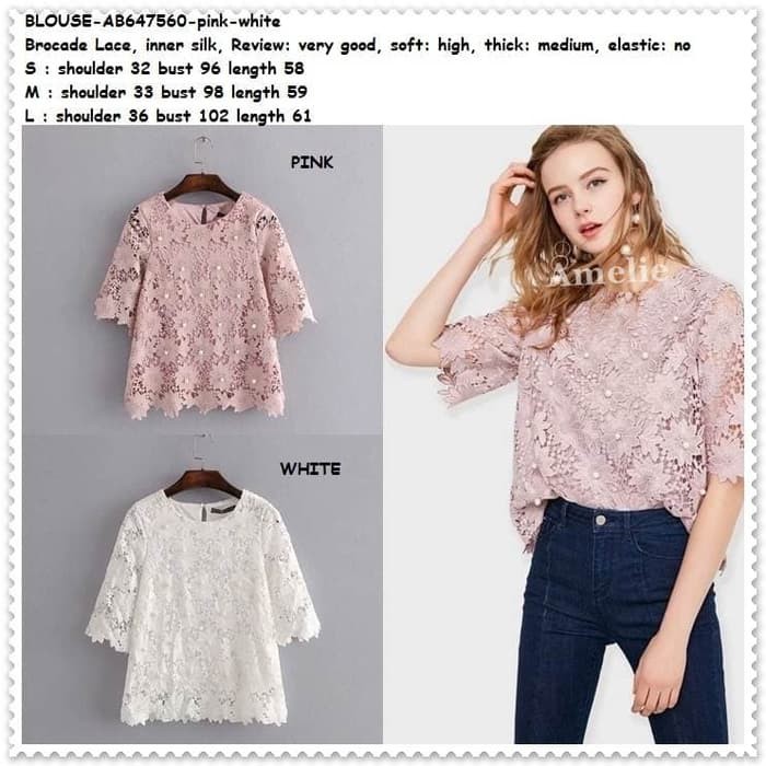 BIG SALE Baju Atasan Brokat Brukat Lace Blouse Korea Import AB647560 Pink Putih SELLER.
