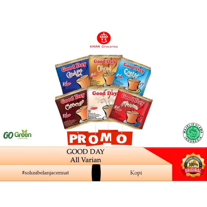 

Good Day Kopi Sachet All Varian 1 Renceng 20gram x 10 Sachet . Khian