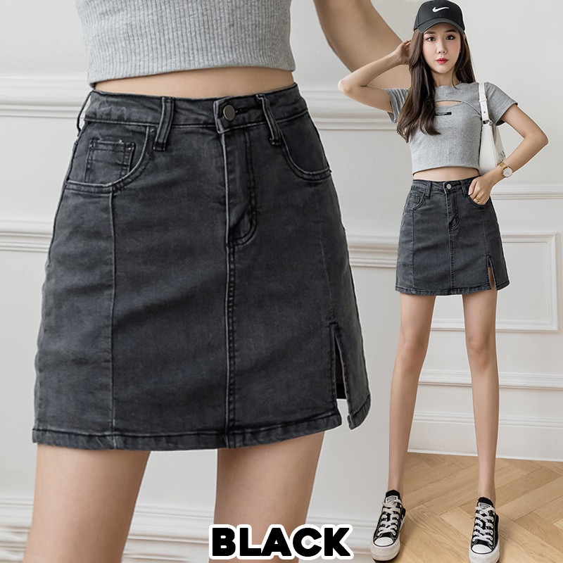 KARAKOREA 6808 Side Slit Strechable Denim Skirt with Pants/Rok Denim/Rok Jeans/Rok jeans wanita/Rok Jeans Korea/Rok wanita