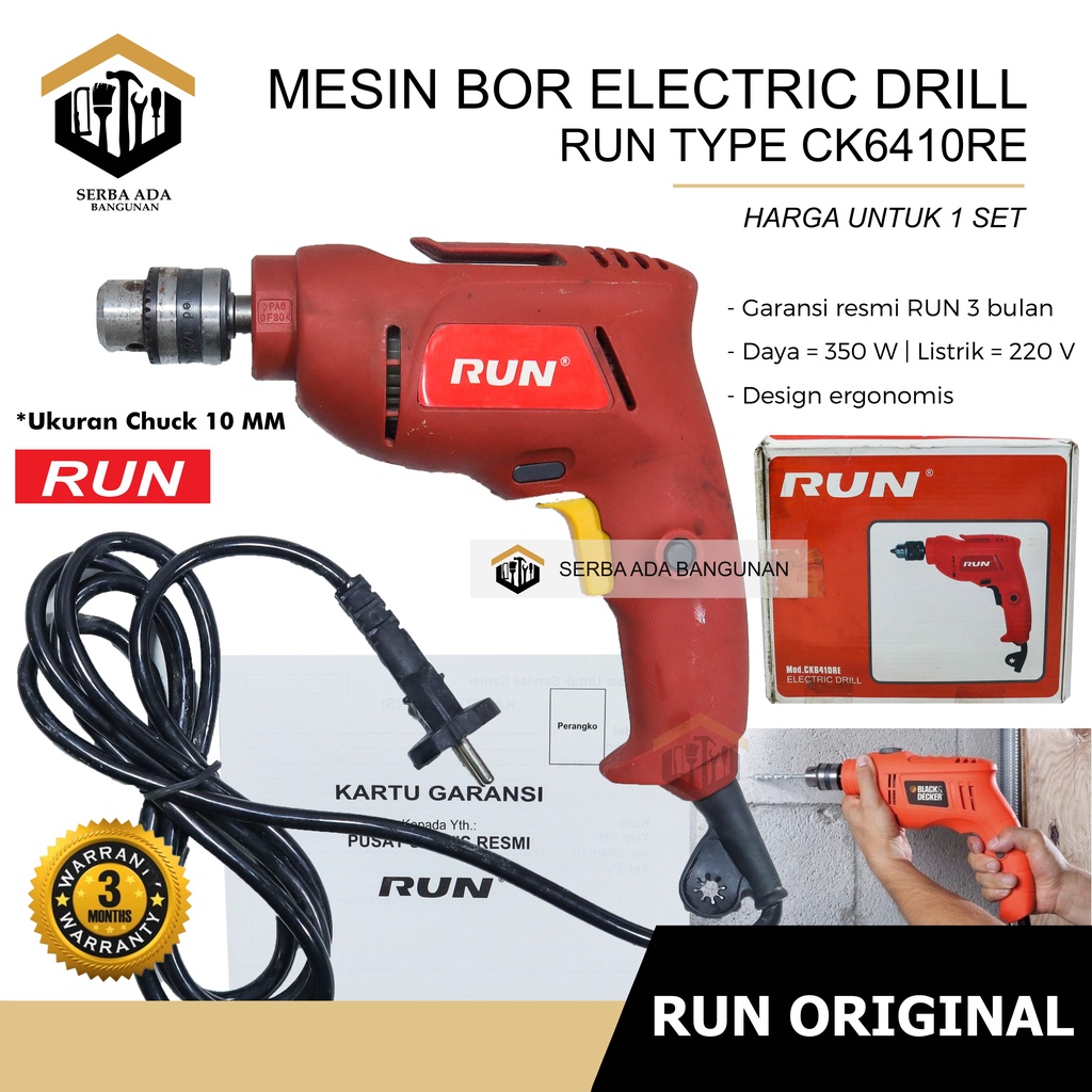 Mesin Bor RUN Impact Drill 10mm 13mm Set Reversible Mesin Bor Tangan Listrik