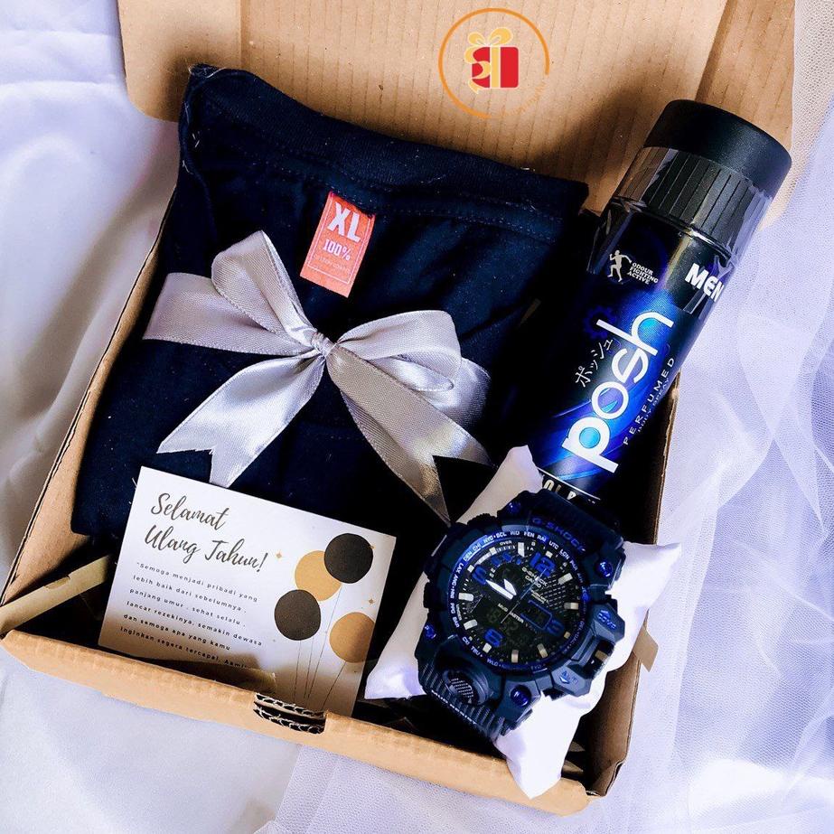 Paling Diminati Hampers Cowok Ganteng Cool Black Series Atasan Kaos Polos Jam G-Shock Dompet Pria Pa