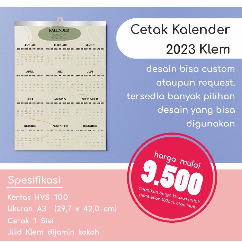 

Kalender Dinding 2023 Klem A3+ Bisa Satuan Custom Desain Kertas HVS 100gsm