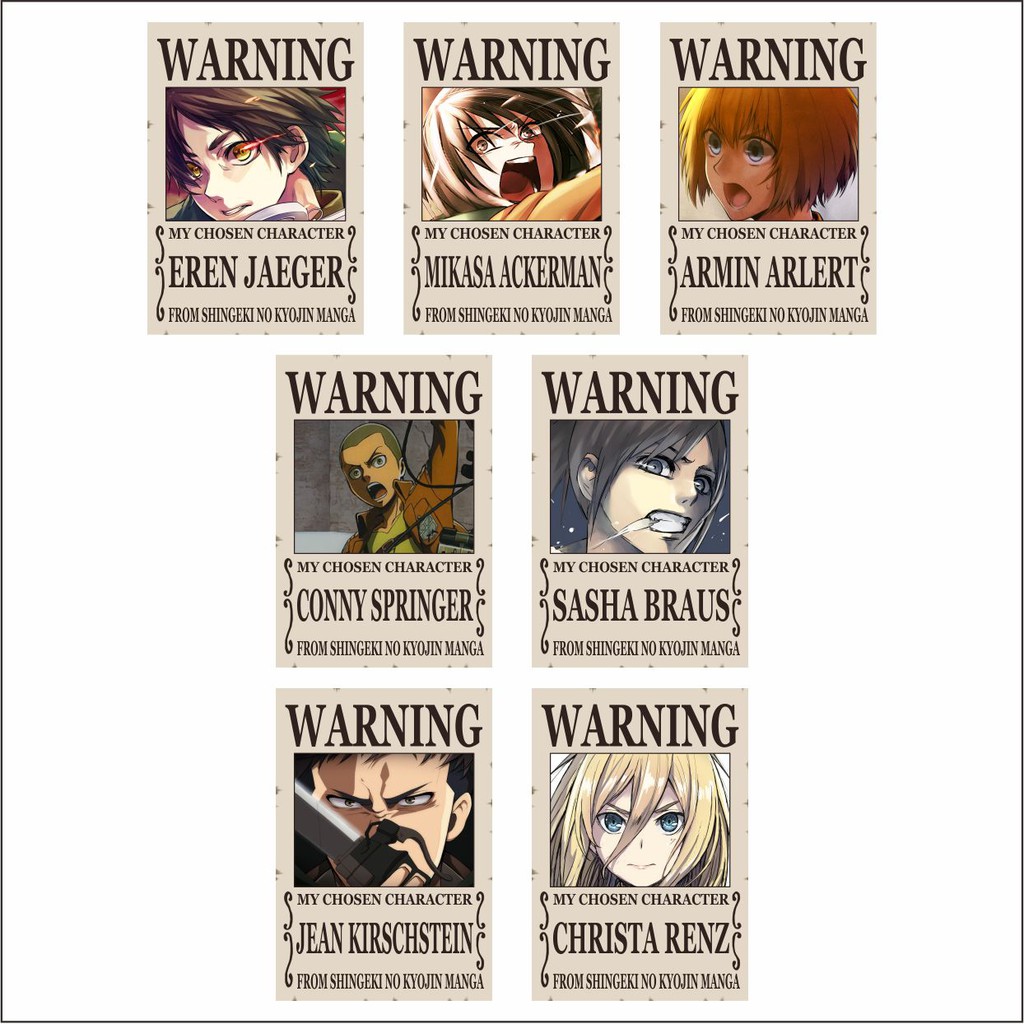 Poster A4 &amp; Pola Deco Mini Poster Warning Anime Shingeki no Kyojin (Attack on Titan) Terlengkap - Karakter Eren Mikasa Levi Armin Erwin Jean Sasha