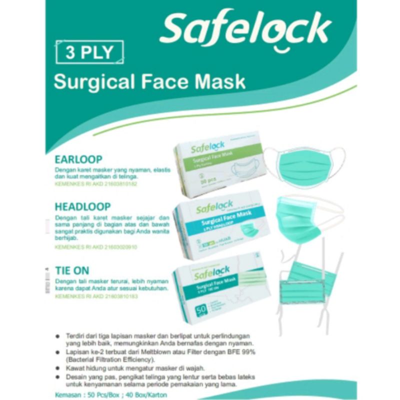 Masker Medis 3 ply Safelock Headloop Earloop Isi 50 AKD Kemenkes