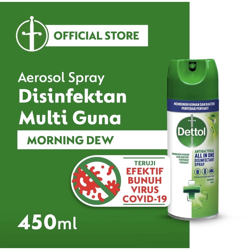 Dettol Disinfectant Spray Aerosol Hijau Bunuh Kuman Cepat Tanpa Air Morning Dew 450ml Surabaya