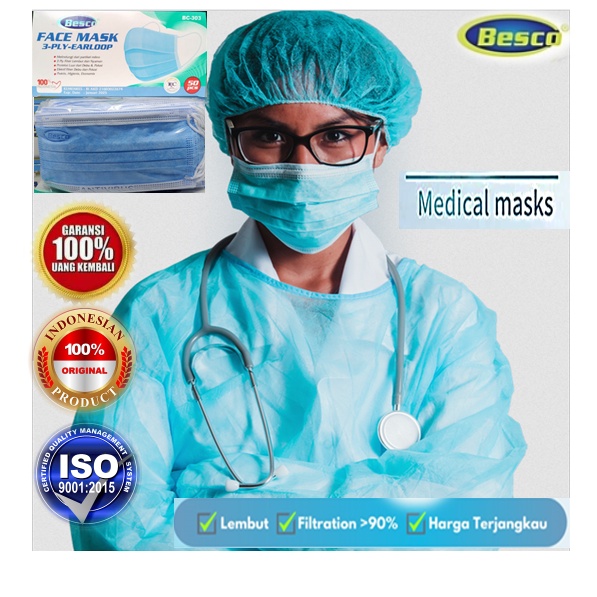 Masker medis 3ply 50pcs earloop Kemenkes Besco