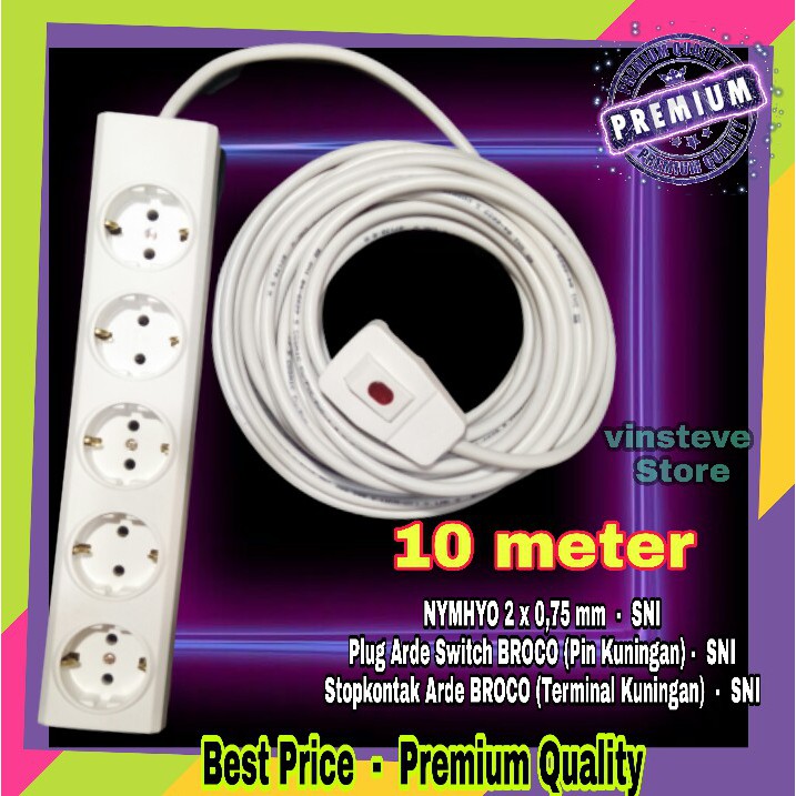 Stop Kontak Kabel BROCO 5 Lubang 10 Meter + Steker Saklar