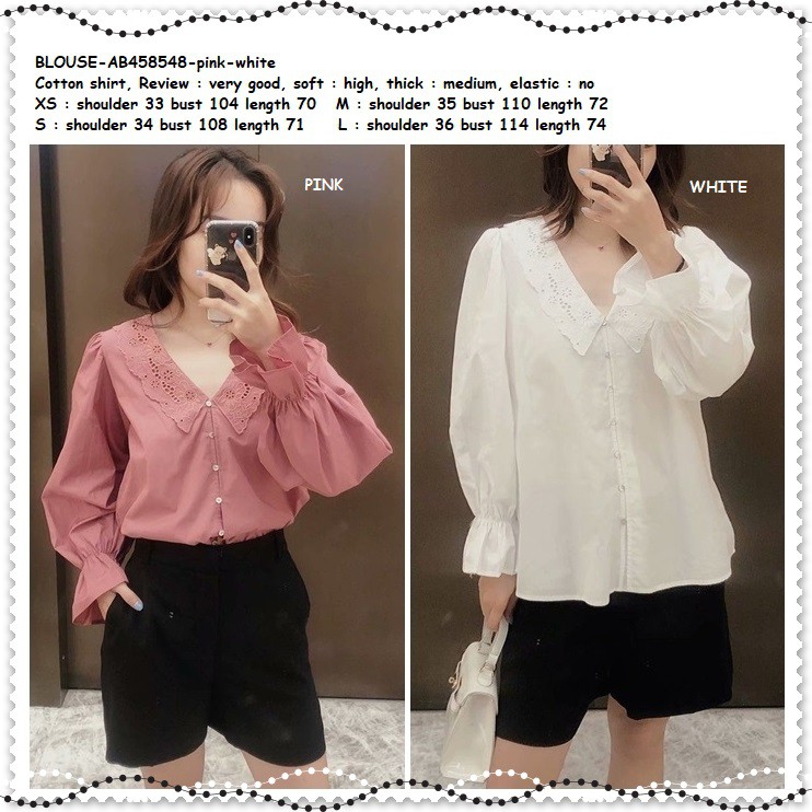 AB458548 Baju Atasan Lengan Panjang Renda Lace Kemeja Pink Putih Wanita Korea Import