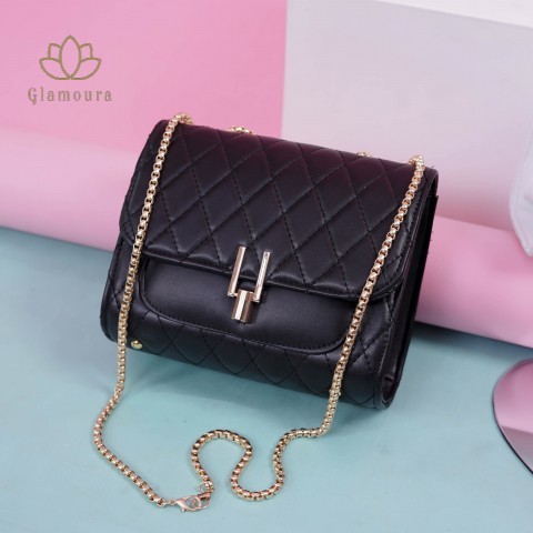 Tas Selempang Slempang Sling Bag Bahu Fashion Slingbag Wanita Kekinian Hitam Tali Rantai Gold Murah