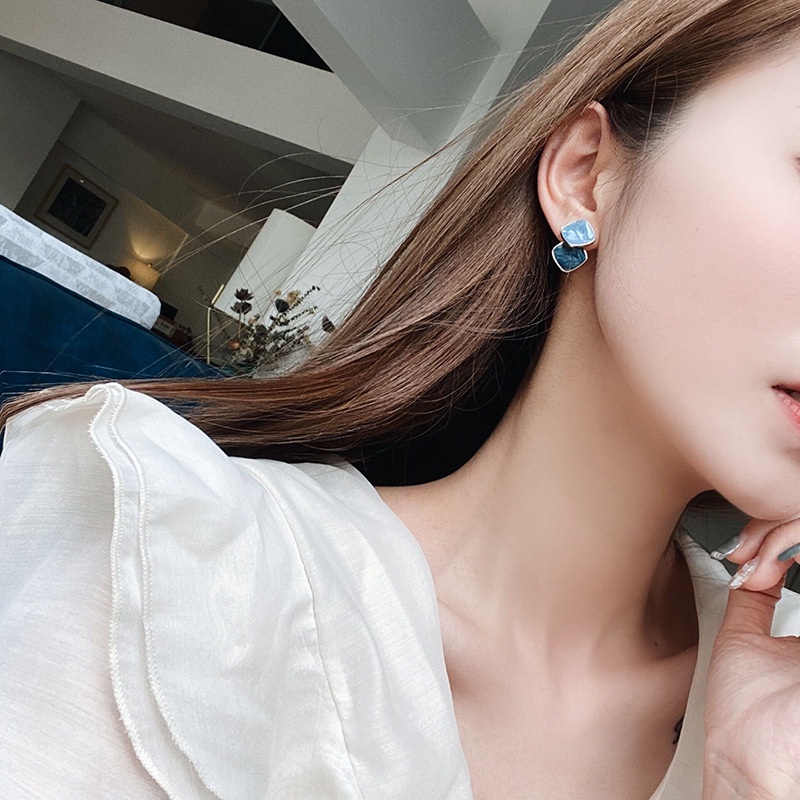 Anting Drop Bentuk Geometris Warna Biru Coklat Beige Gaya Retro
