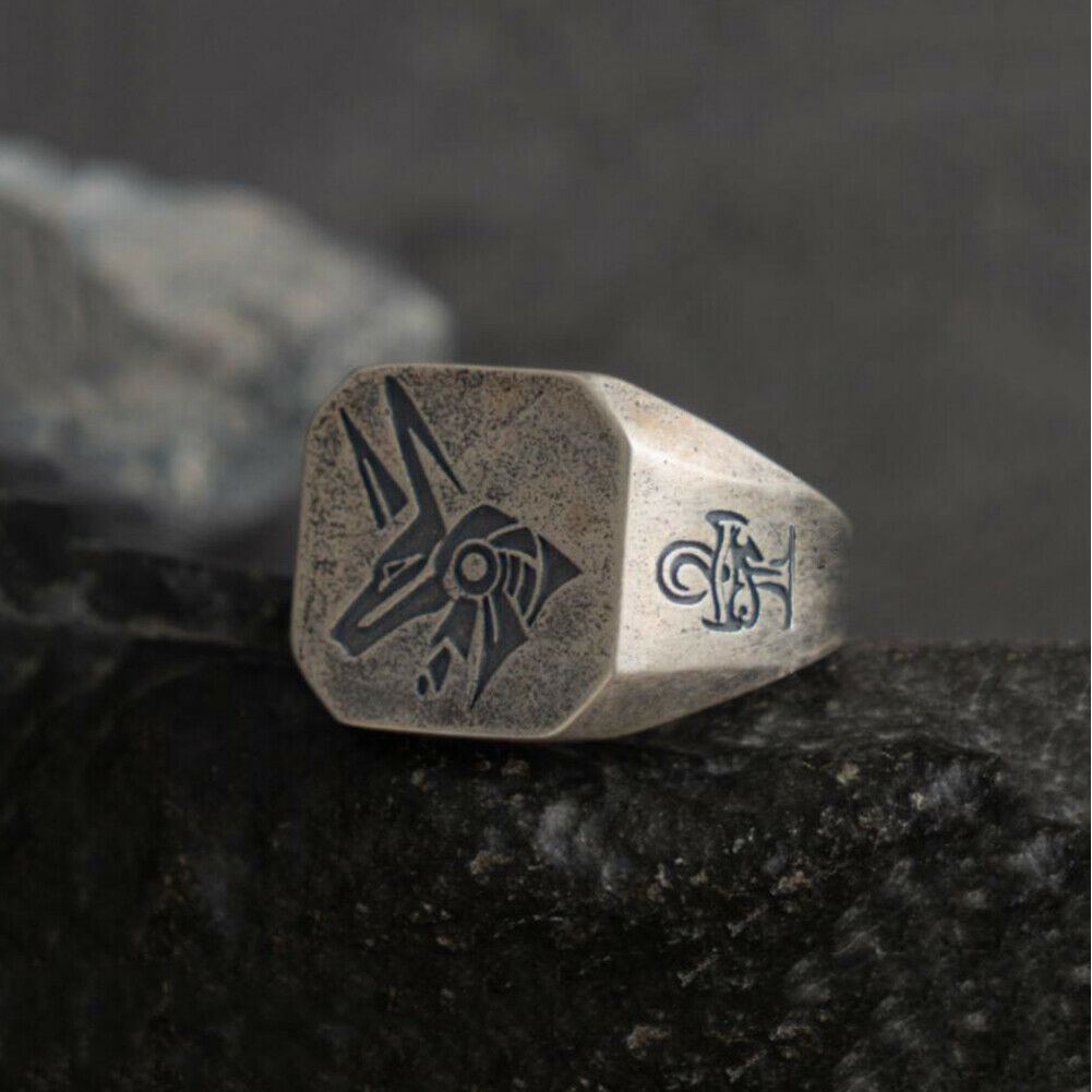 Cincin Baja Titanium Retro Perak Satwa Serigala Burung Rajawali Pria Mitologi Mesir Fashion Punk Horus Anubis Silver Rings