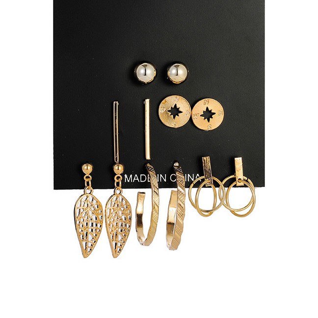 LRC Anting Tusuk Fashion Gold Leaf Ring Earrings 6 Pairs F84454