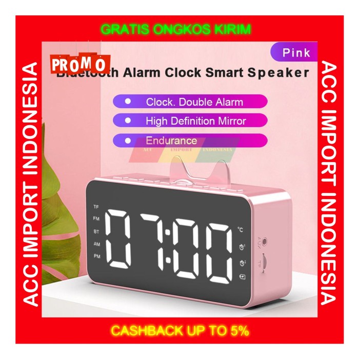 Speaker Bluetooth Jam Alarm Portable Wireless Telinga Kucing Pink Lucu