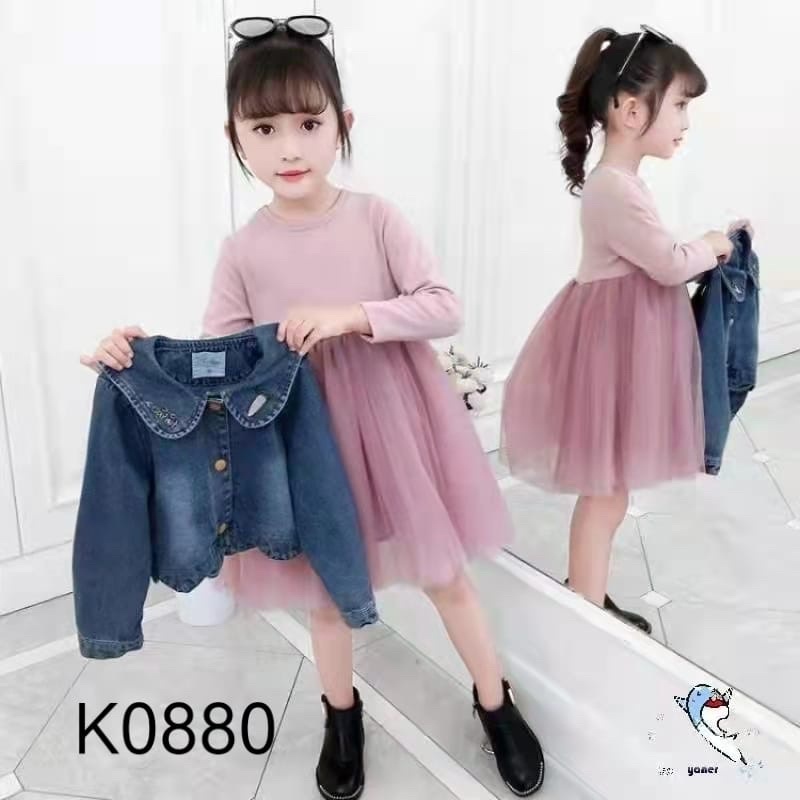 setelan dress tutu jaket levis anak perempuan usia 3 4 5 6 tahun