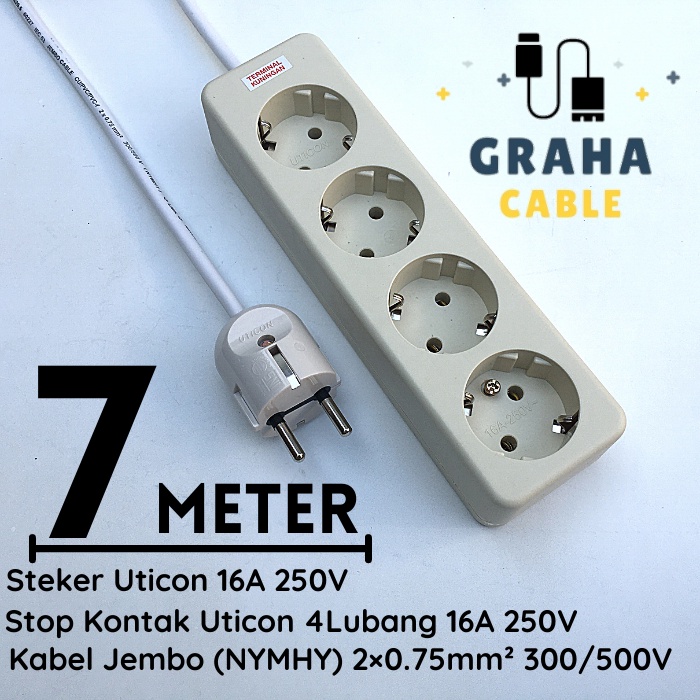 Kabel Sambungan Listrik Stop Kontak 4 Lubang 7 Meter UTICON