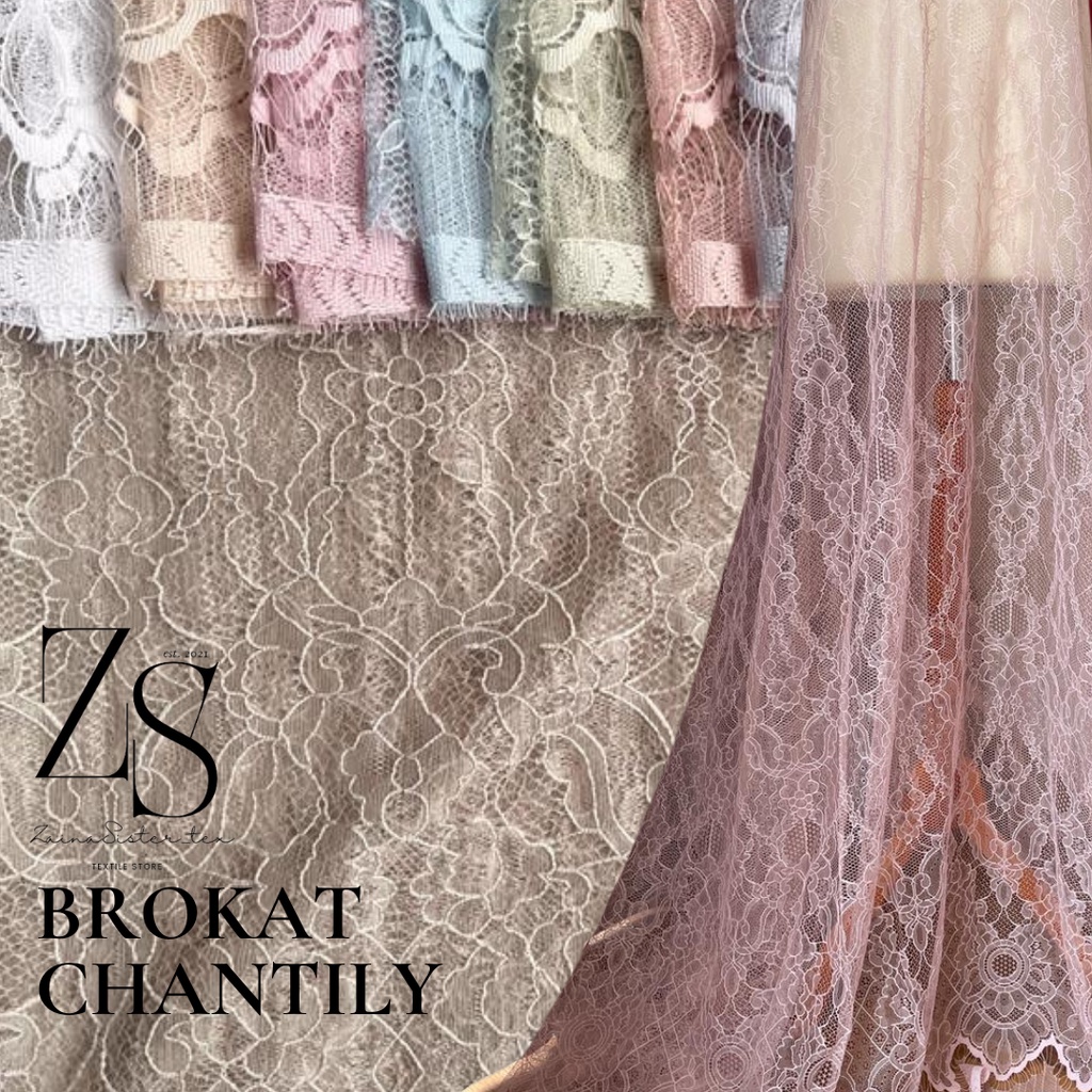 Bahan Kebaya Brokat Lace Chantily Semi Prancis Panel Warna Ungu Soft Lilac Muda Mauve Sage Rosegold Silver Black Maroon Pastel Blue Brokenwhite