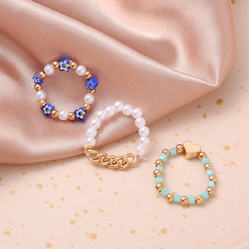 3pcs / Set Cincin Manik-Manik Mutiara Handmade Warna-Warni Untuk Wanita