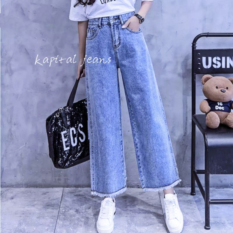 Highwaist Kulot Jeans Rawis Loose Celana Panjang Wanita Celana Highwaist Jeans