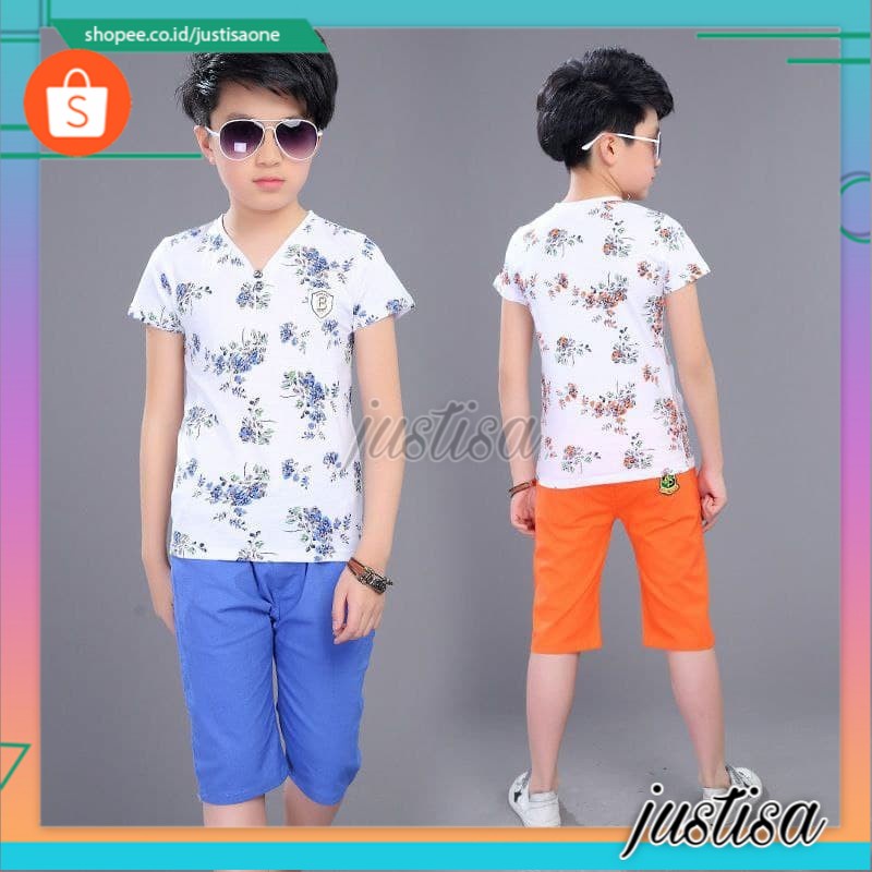 Promo !! Setelan baju anak cowok setelan flower bee blue boy import uk 5-7th uk 140,150,160 (putih biru)