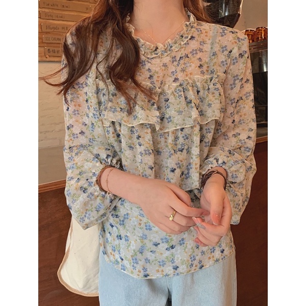 [BRACHA]Blouse atasan wanita motif bunga lengan panjang Import katun-2