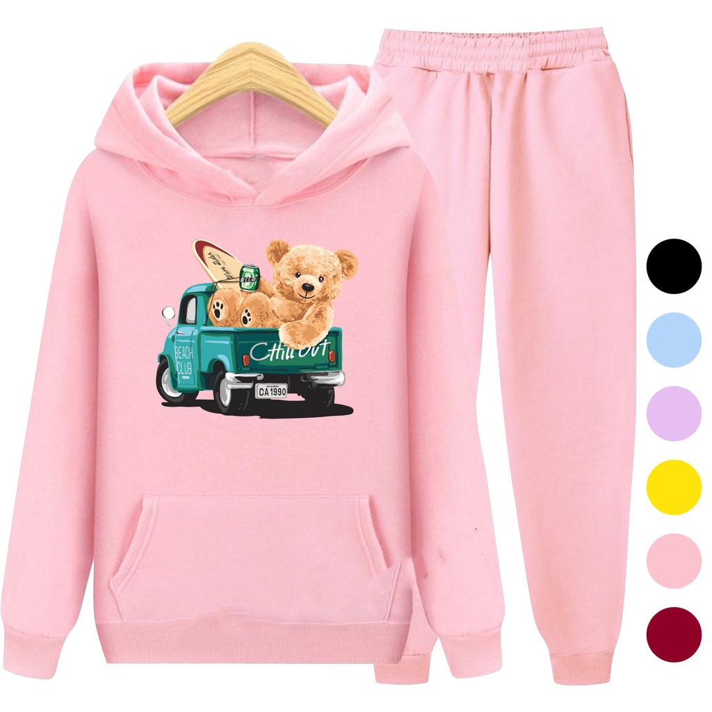 Setelan Sweater Anak + Celana TEDDY TRUCK / Set Sweater Hoodie Anak Laki - Laki Perempuan Kekinian Viral Terbaru