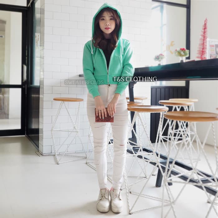 Jaket Crop Hoodie Hijau Tosca Wanita