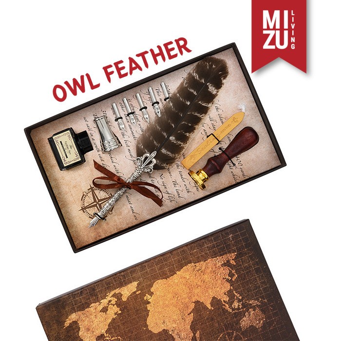 

kaligrafi-perlengkapan- mizu hanepen wax seal calligraphy set feather pen bulu 6 nibs stempel -