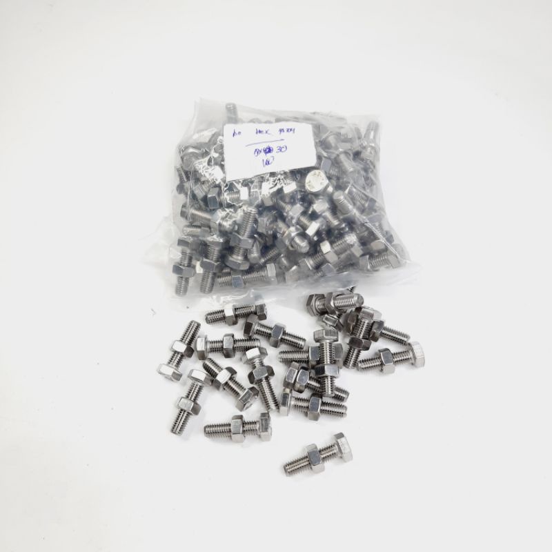 Baut + Mur Hex Bolt + Nut Stainless SS 304 M 8 X 30 mm (Per Set)