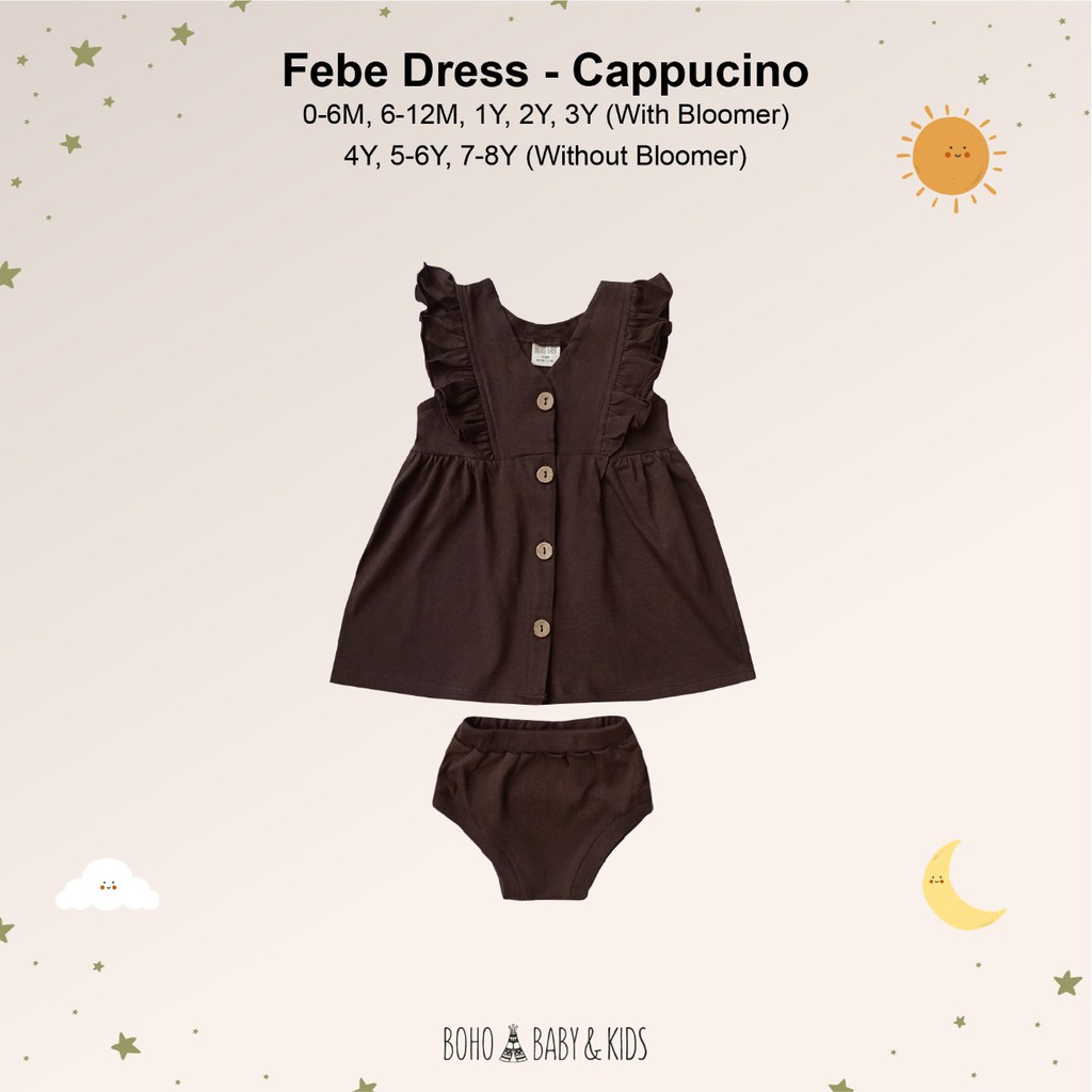 Bohobaby Febe Dress 3-4Y/Bohopanna Gaun Terusan Anak Bayi/Baju Dress Ruffle Set Celana Pendek-Cappuccino