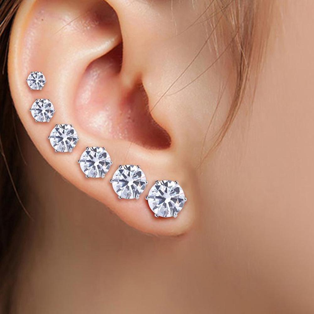 Timekey 6 Pasang / Set Anting Tusuk Stainless Steel Hias Kristal Zircon Bulat Untuk Pria / Wanita A4K5