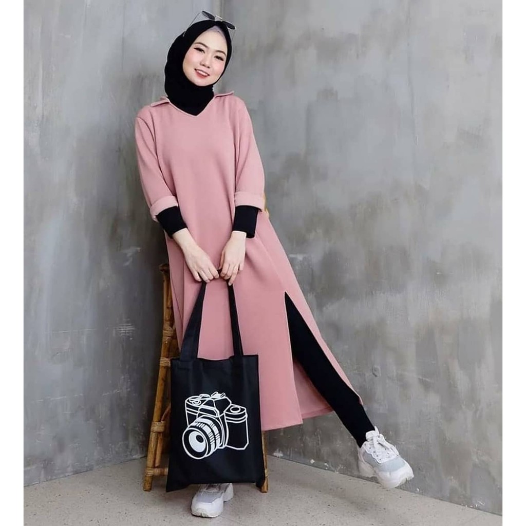 Alona Tunik Scuba - Fashion Muslim - Tunik Polos- Tunik Panjang - Tunik Kerah