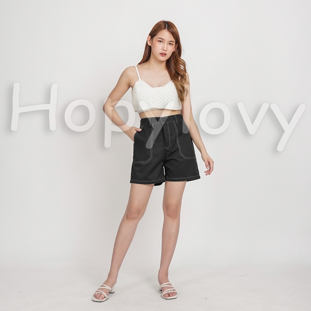 HOPYLOVY Celana Pendek Wanita Hotpants High Waist Bahan Katun List Putih Rabella