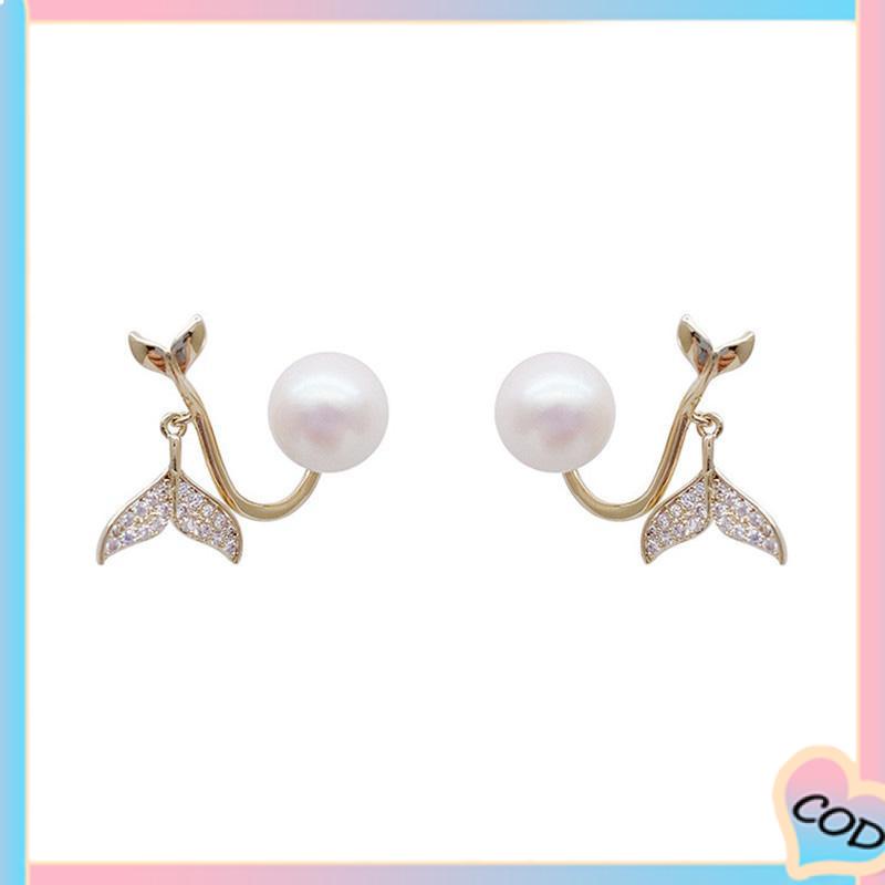 COD❤️ Pearl Fishtail Back Hanging Earrings Wanita High-end Cahaya Mewah Penuh Berlian Anting Geometris-A.one