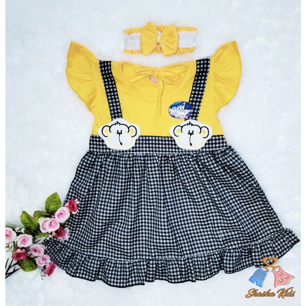 [S-01] Baju Bayi Perempuan/Dress Bayi  Perempuan Planet Kids monyet  Murah   0-6 bln Bonus BANDANA