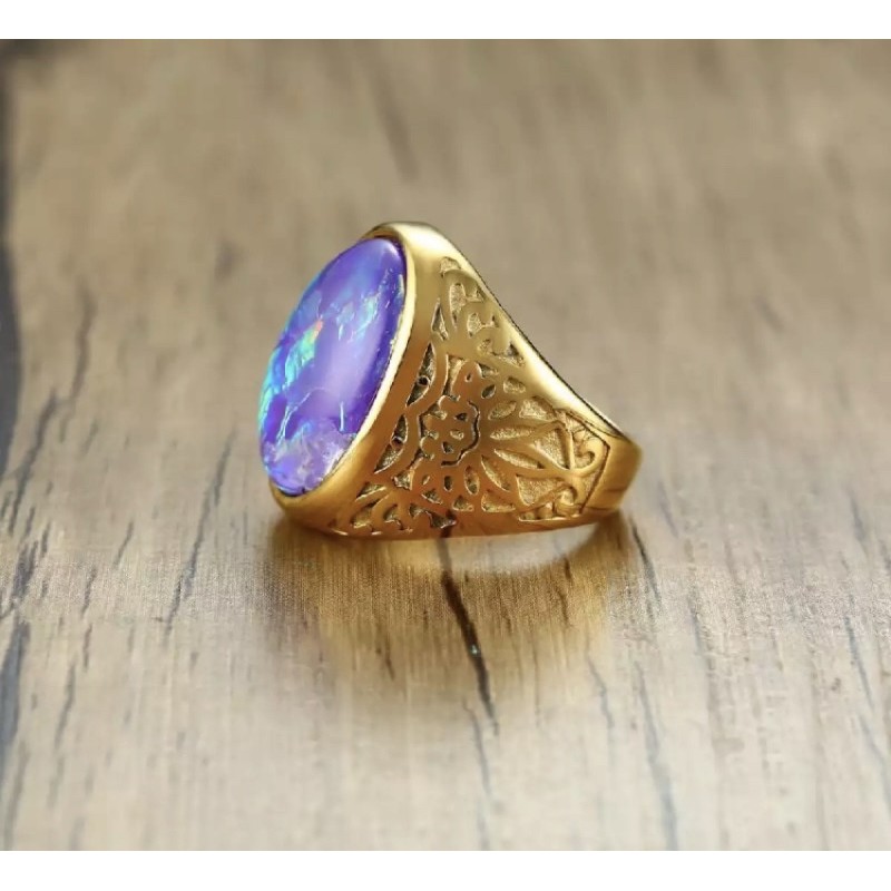 Cincin Pria Akik Opal Kalimaya Ring Berbahan Titanium Gold Mewah Original Anti Luntur dan Karat