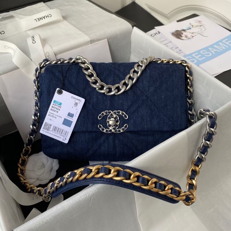 Tas Wanita Chanel 19 Navy Blue Denim Shoulder Bag Super Mirror VVIP