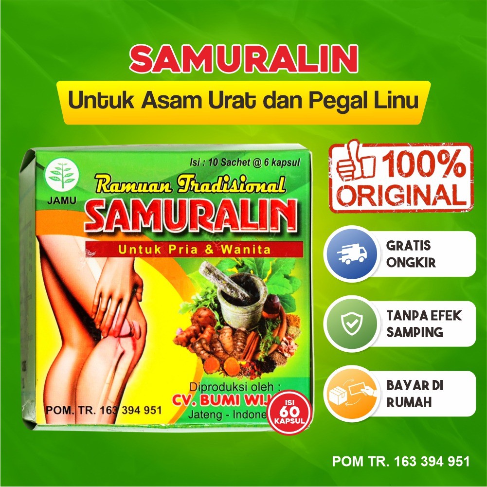 Samuralin - Herbal Nyeri Sendi Asam Urat Pegal Linu Reumatik Sakit Pinggang Punggung Jamu Encok Kesemutan Isi 50 Kapsul-1