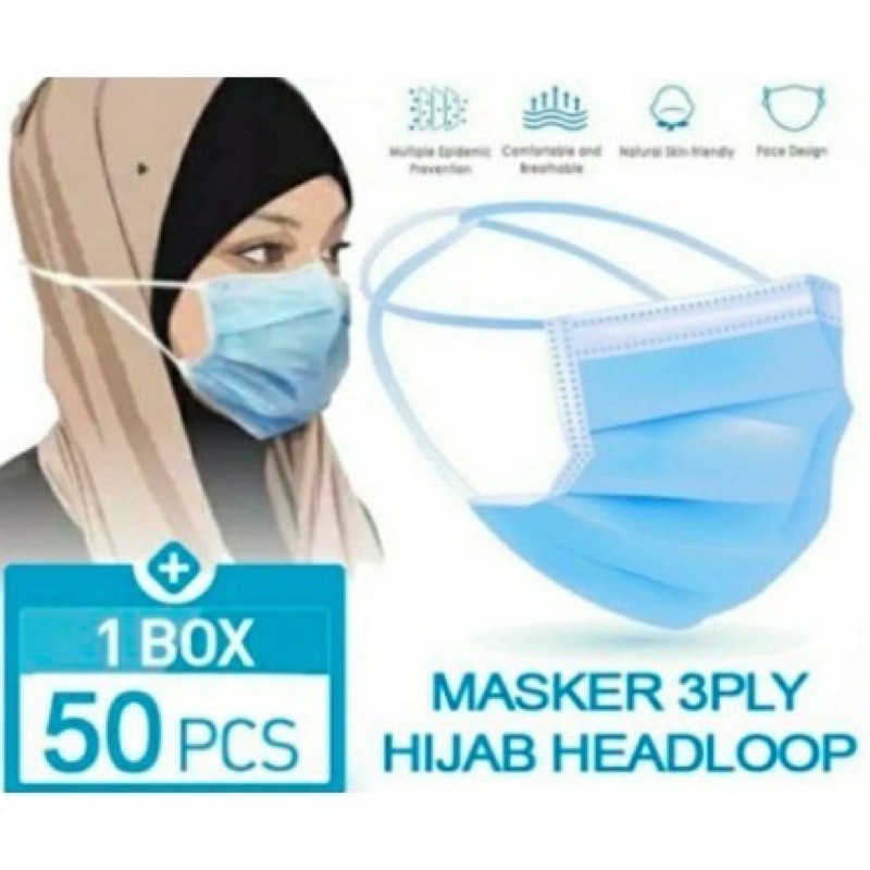 MASKER HIJAB 3 PLY NON MEDIS 1 BOX ISI 50PCS HEADLOOP ( HIJAB )