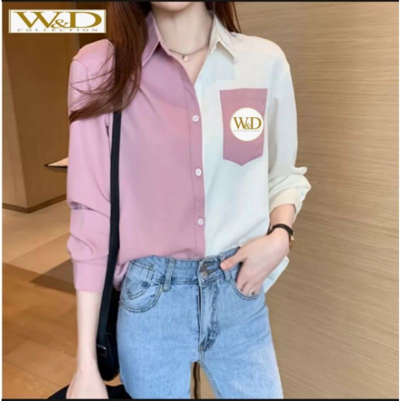 Kemeja Wanita Atasan Blouse Casual Polos Kombinasi Warna Lengan Panjang Baju Cewe Model Pinguin-2