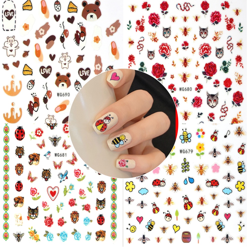 Stiker Kuku 3D Motif Bunga / Lebah / Geometri / Garis / Hewan / Leopard Anti Air Untuk Nail Art