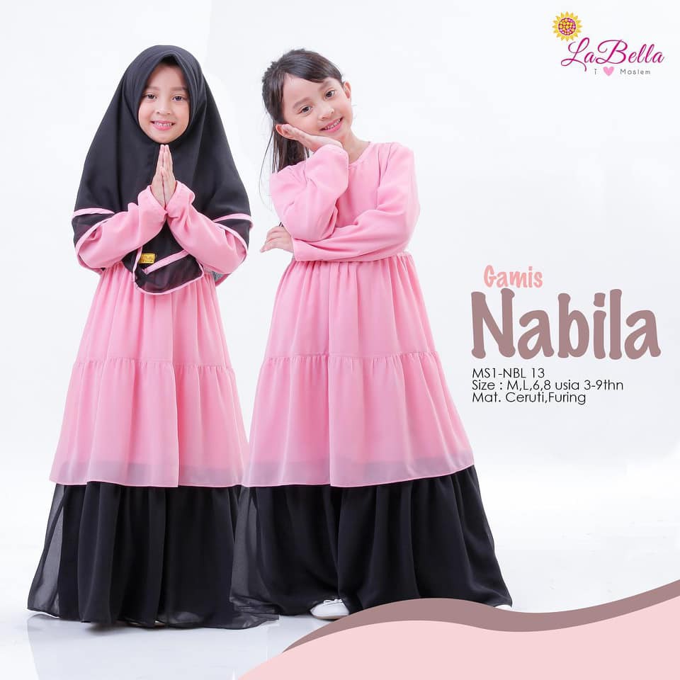 NBL 13 Baju Muslim Gamis Anak Labella Nabila Black Pink