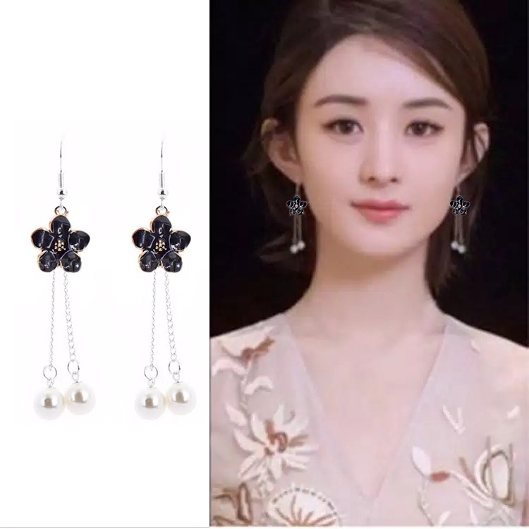 Anting Hijab Anting Hooks Style Korea Kekinian Model Bunga Kombinasi Rantai Dan Mutiara Import 419