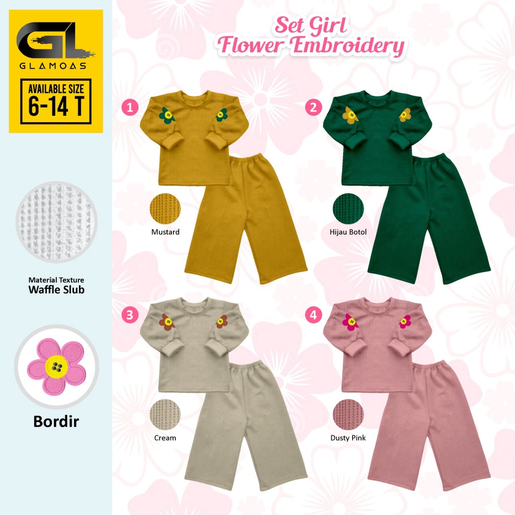 SETELAN ANAK PEREMPUAN SET WAFLE EMBROIDERY GLAMOAS SIZE 6-14 TAHUN