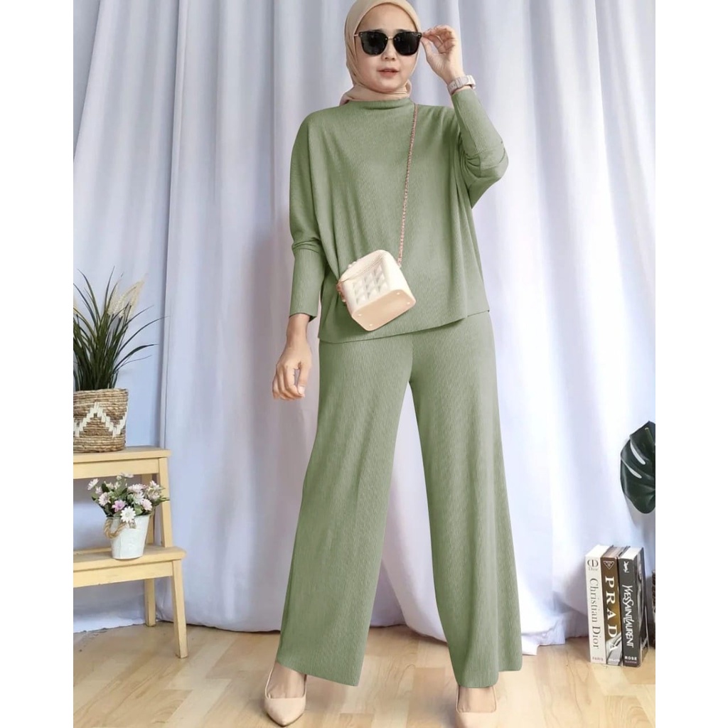 PCS SET ELIVIA MR FASHION PAKAIAN WANITA SETELAN ATASAN DAN CELAN BAHAN RIB KNIT