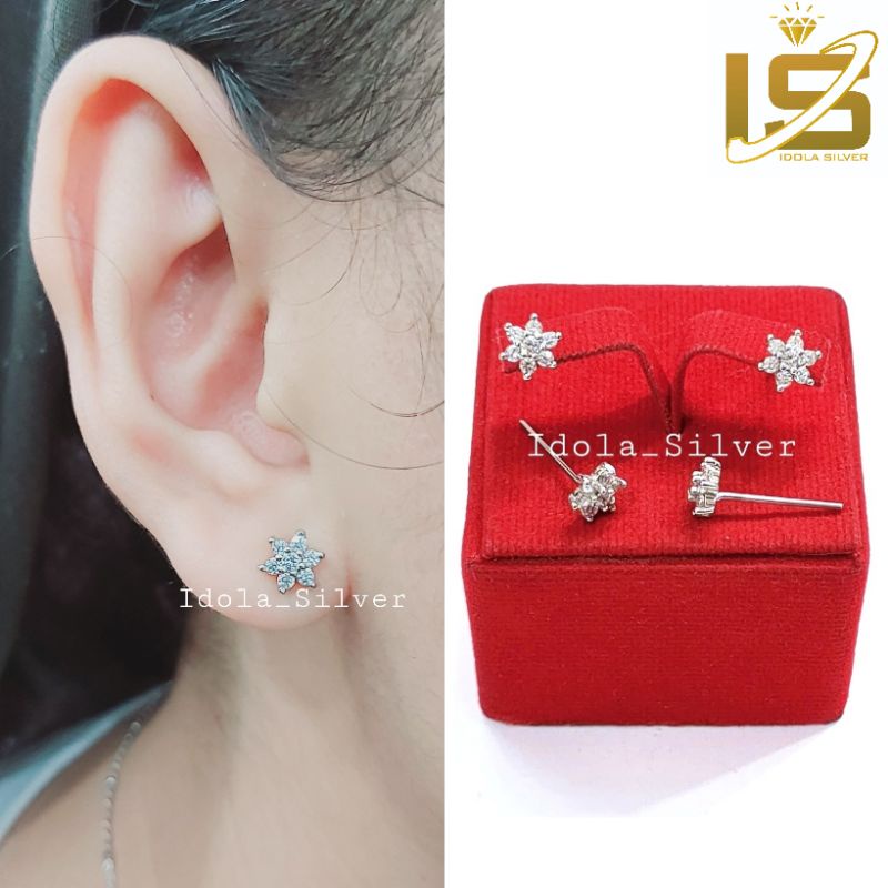 ANTING TUSUK PERAK ASLI SILVER WANITA 925 LAPIS EMAS PUTIH MODEL GIWANG BUNGA PERTAMA KECIL - PERHIASAN PERAK WANITA ASLI