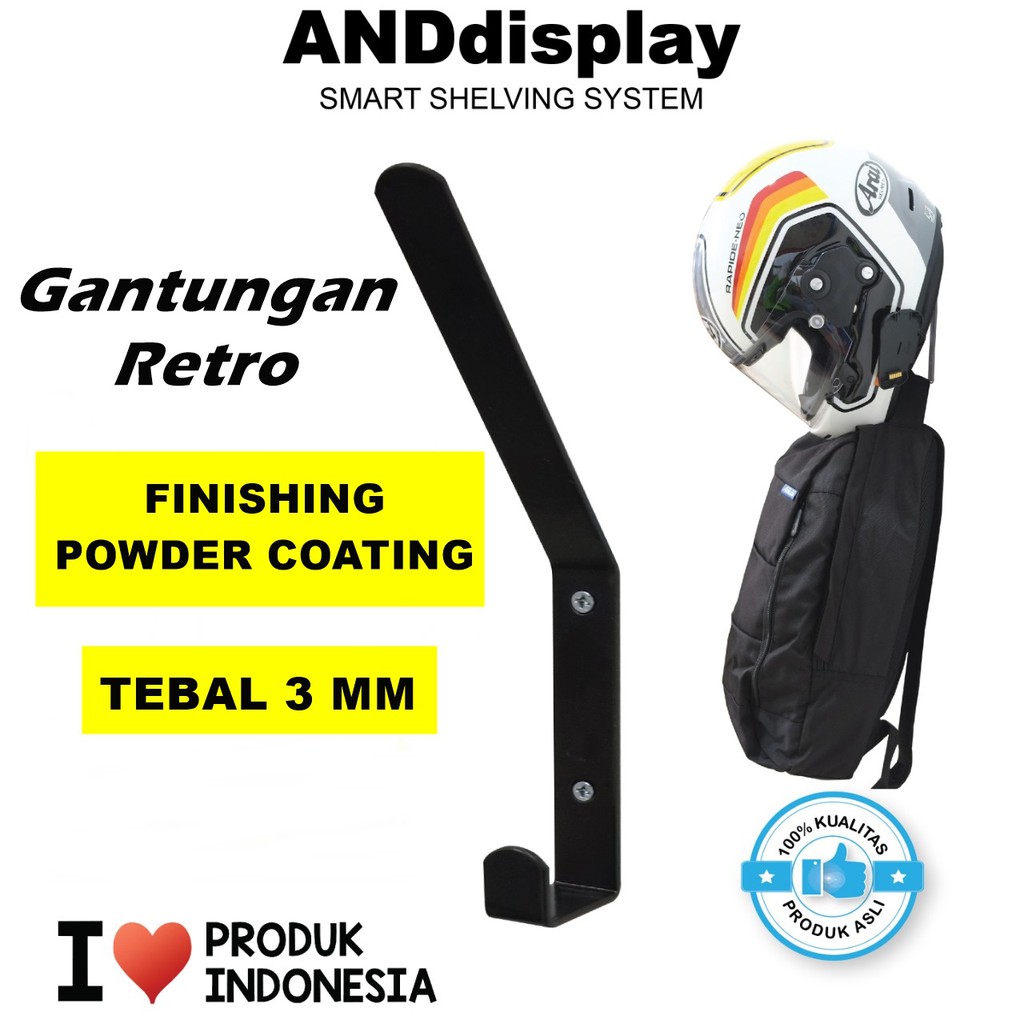 GANTUNGAN HELM RETRO DINDING HITAM HOOK KAPSTOK CANTOLAN TAS BAJU ANDDISPLAY