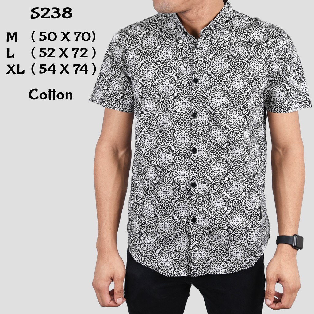 Baju Kemeja Motif Pria Cowok Lengan Pendek Slimfit Hitam Putih