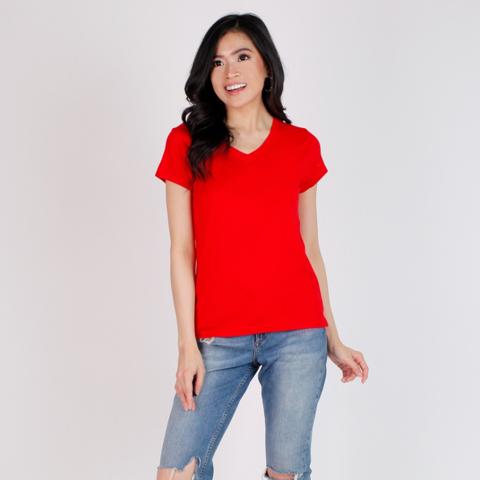 KAOS WANITA V NECK POLOS LENGAN PENDEK BAJU CEWEK/CEWE MURAH MODEL TERBARU /KEKINIAN ATASAN KERAH V