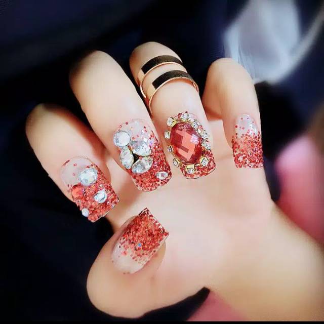 Kuku Palsu / Fake Nails free lem Warna Merah Motif 3D Berlian Mutiara Imitasi Full glitter pengantin